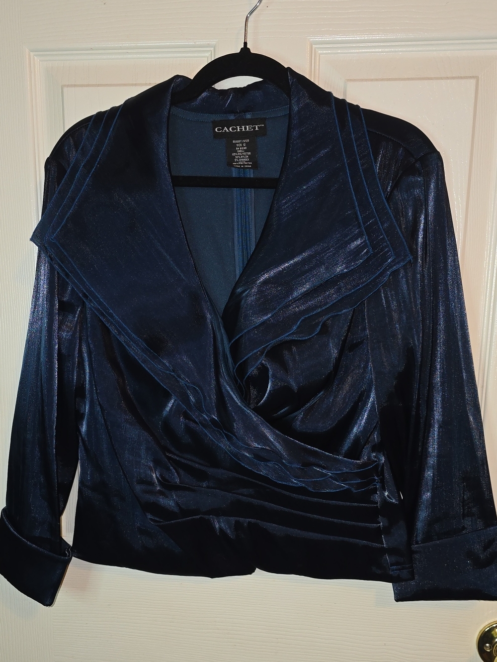 Cachet Shimmery Navy Draped Satin Blouse